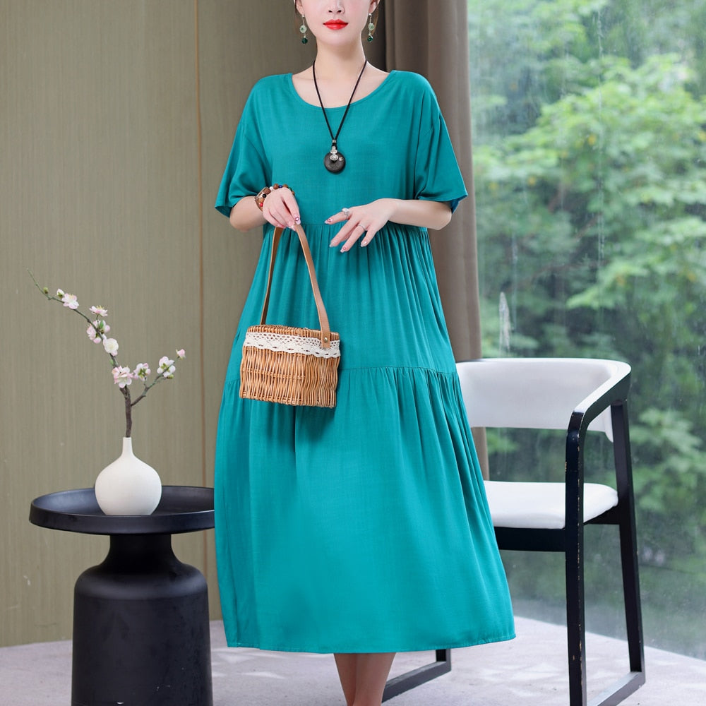 Women Causal Summer Dress Loose Solid Long O-neck Vintage Short Sleeve Dress - WD8065