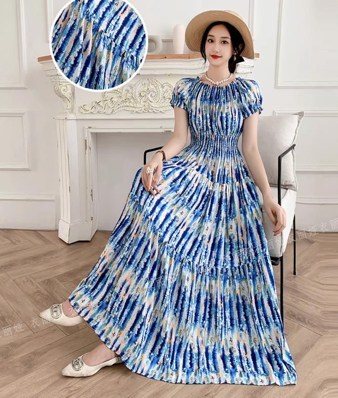 Women Summer Floral Printed Short Sleeves Long Maxi Vintage  Dress - WD8043