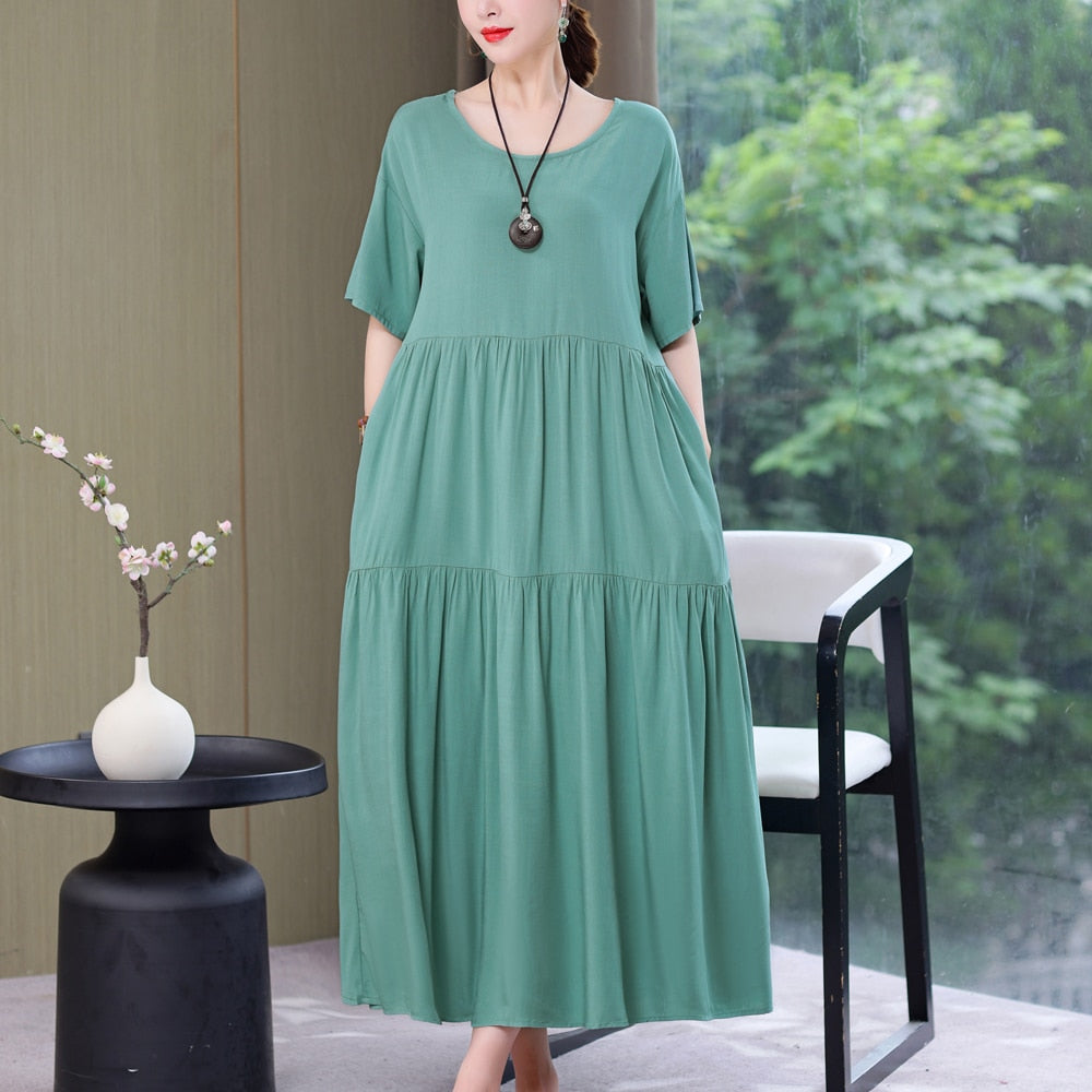 Women Causal Summer Dress Loose Solid Long O-neck Vintage Short Sleeve Dress - WD8065