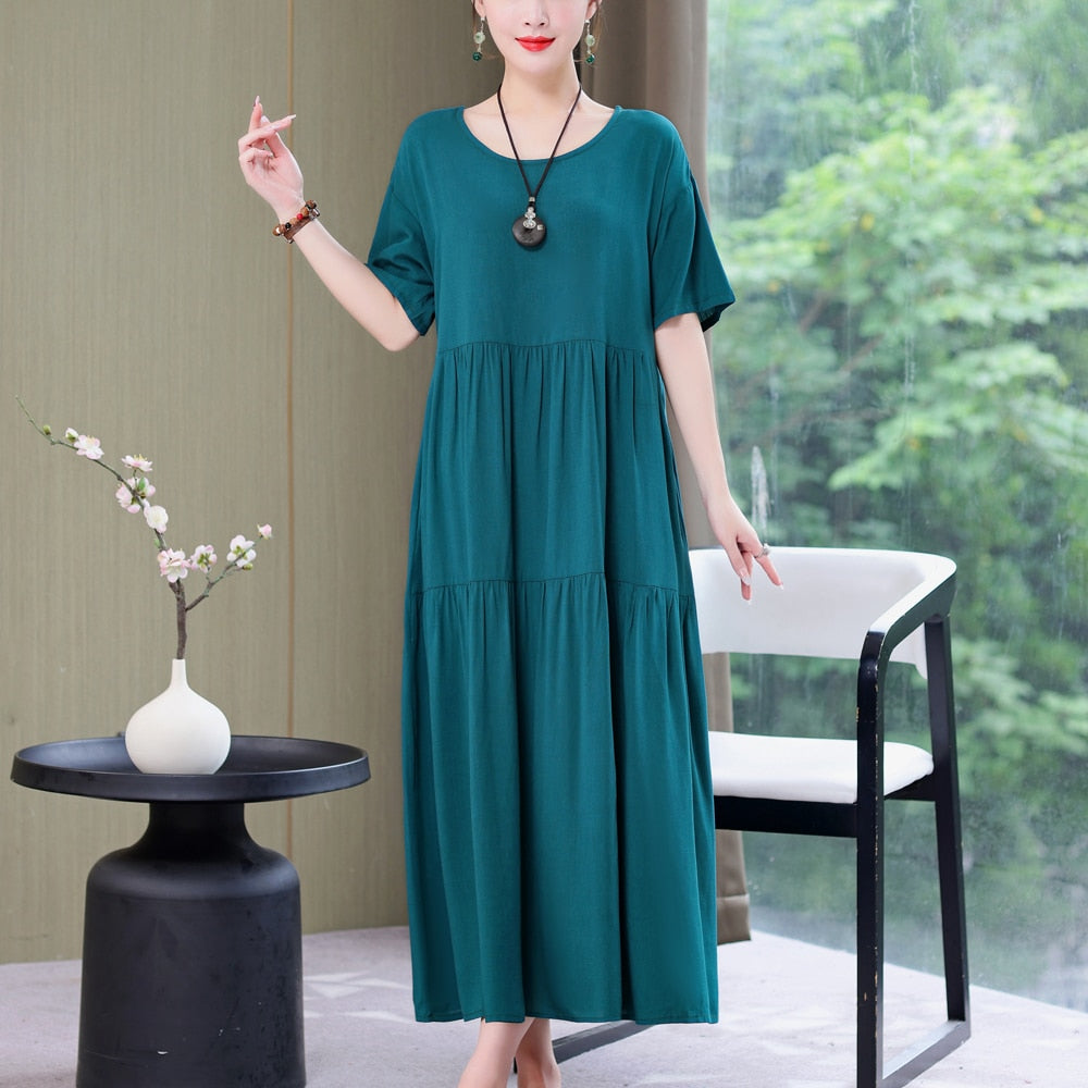 Women Causal Summer Dress Loose Solid Long O-neck Vintage Short Sleeve Dress - WD8065