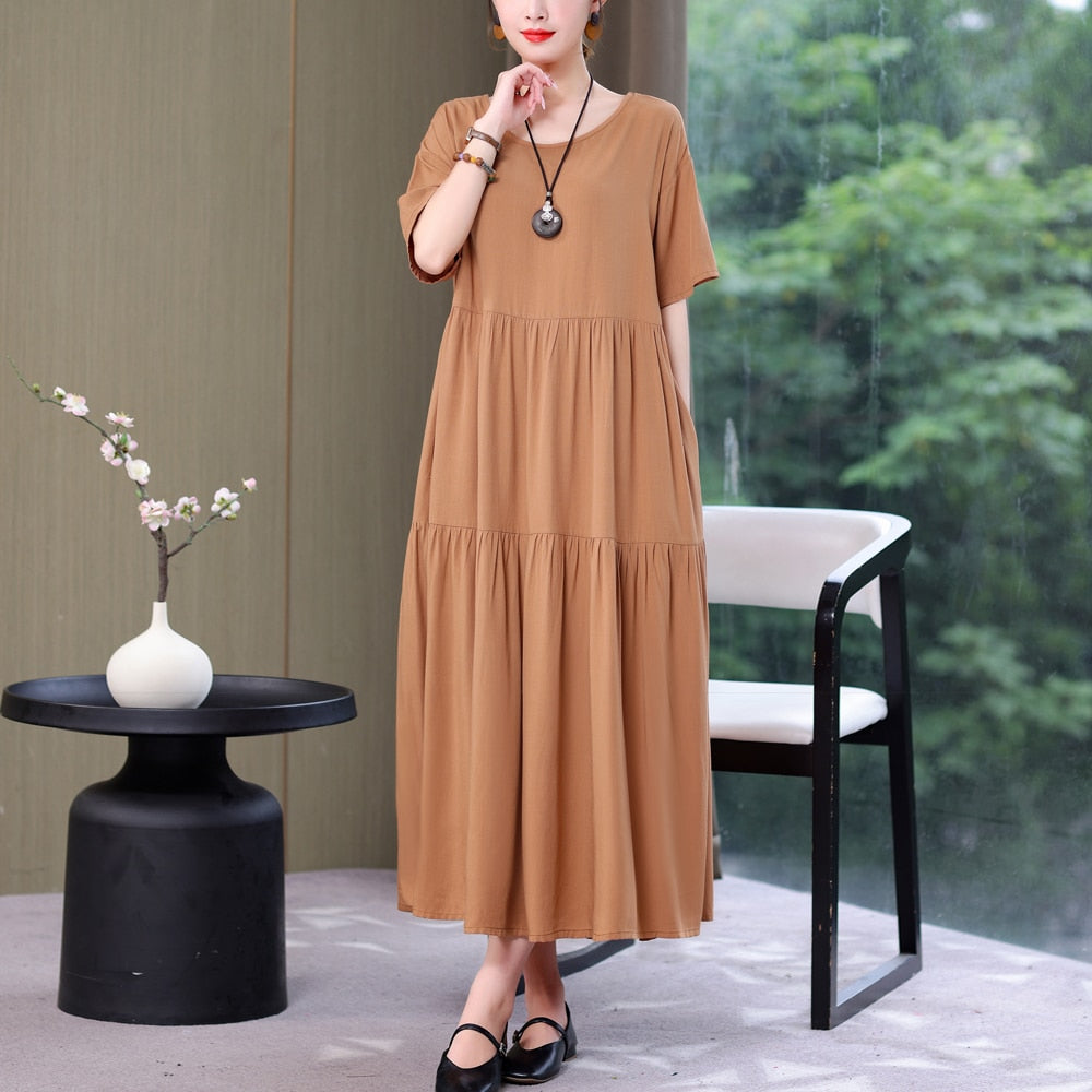 Women Causal Summer Dress Loose Solid Long O-neck Vintage Short Sleeve Dress - WD8065