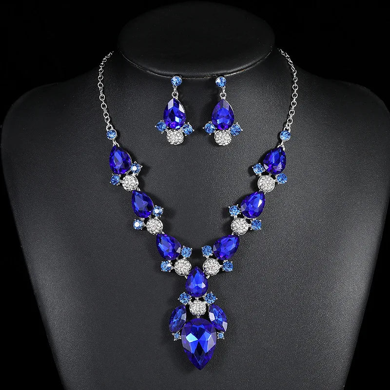 Exquisite Crystal Water Drop Wedding Party Jewelry Set Colorful Rhinestone Bridal Necklace Earrings Sets Accessories