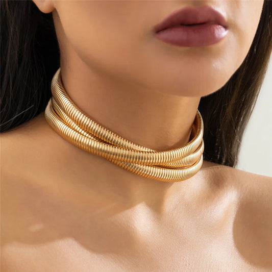 Vintage Multilayer Thick Twisted Metal Choker Necklace for Women Punk Chunky Short Gold Color Collar