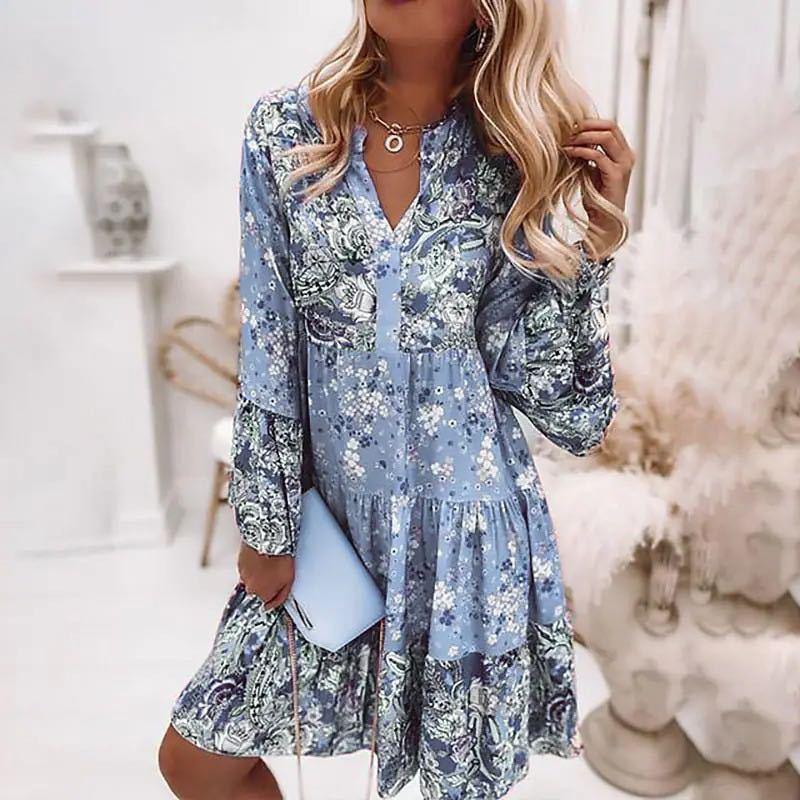 Women Summer Puff Sleeve V Neck Printing Long Dress Loose Casual Floral Dress - WD8001