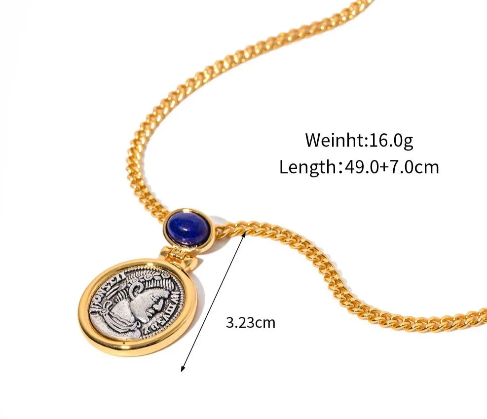 Vintage French Necklace for Women Ancient Coin Inlaid with Lapis lazuli Figure Medieval Palace Pendant Statement Jewelry Gift