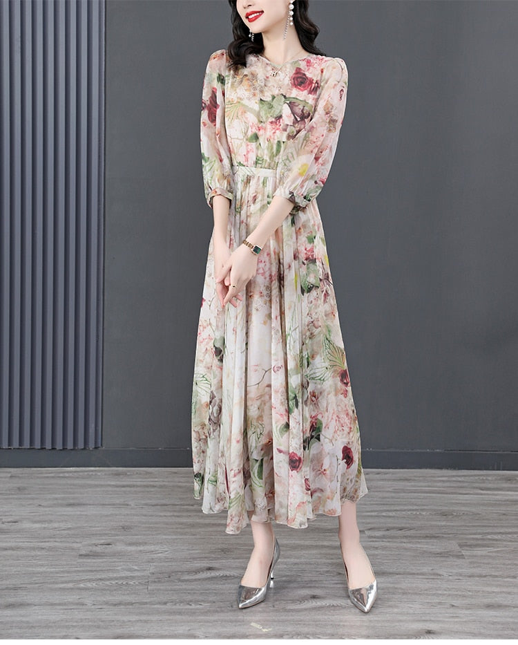 Women Summer Silk Floral Beach  Midi Plus Size Elegant Maxi Dress - WD8057