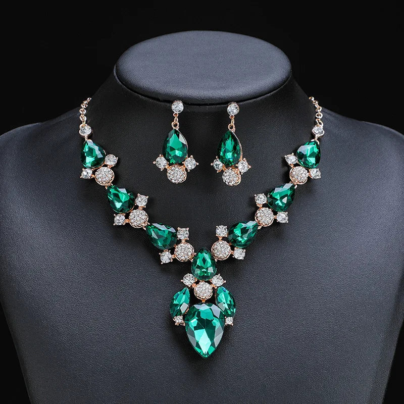 Exquisite Crystal Water Drop Wedding Party Jewelry Set Colorful Rhinestone Bridal Necklace Earrings Sets Accessories