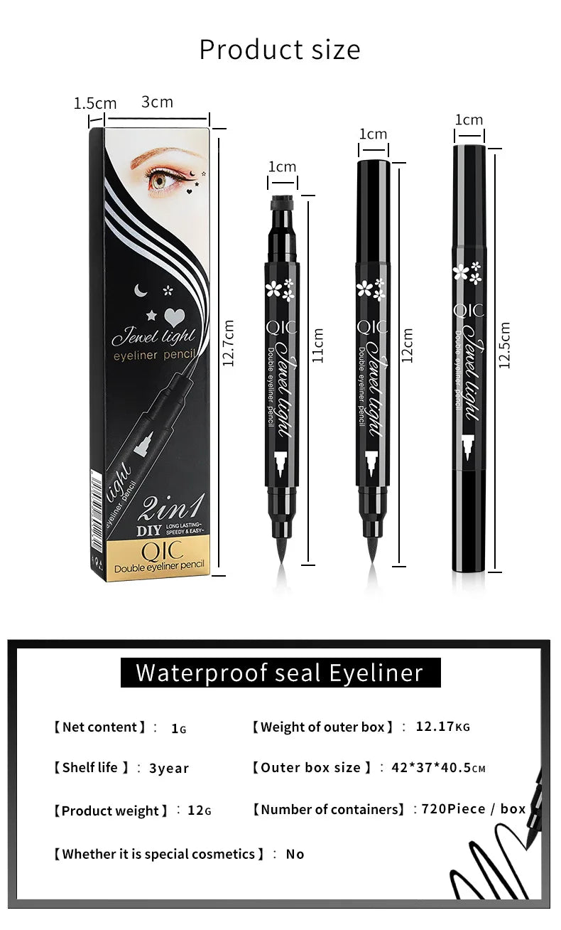 Double Head Moon Star Heart Flower Liquid Eyeliner Pen Black Eye Liner Stamp Makeup Seal Eyeliner Pencil Waterproof Cosmetics Pack of 8