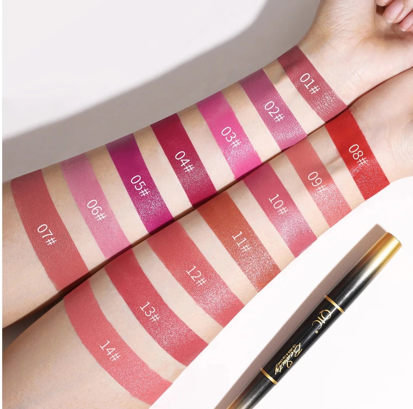 2In1 High-quality Pen Lips Matte Waterproof Long Lasting Permanent Lipstick with A Contour Pencil Makeup Cosmetics Pack of 14 (1 pc each color)