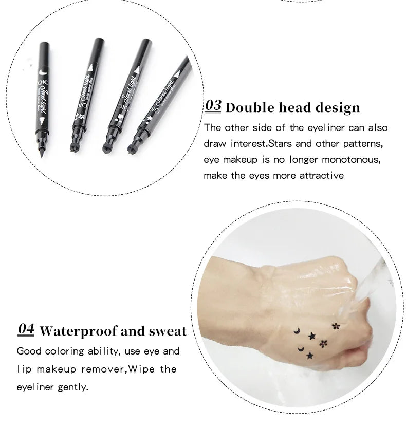 Double Head Moon Star Heart Flower Liquid Eyeliner Pen Black Eye Liner Stamp Makeup Seal Eyeliner Pencil Waterproof Cosmetics Pack of 8