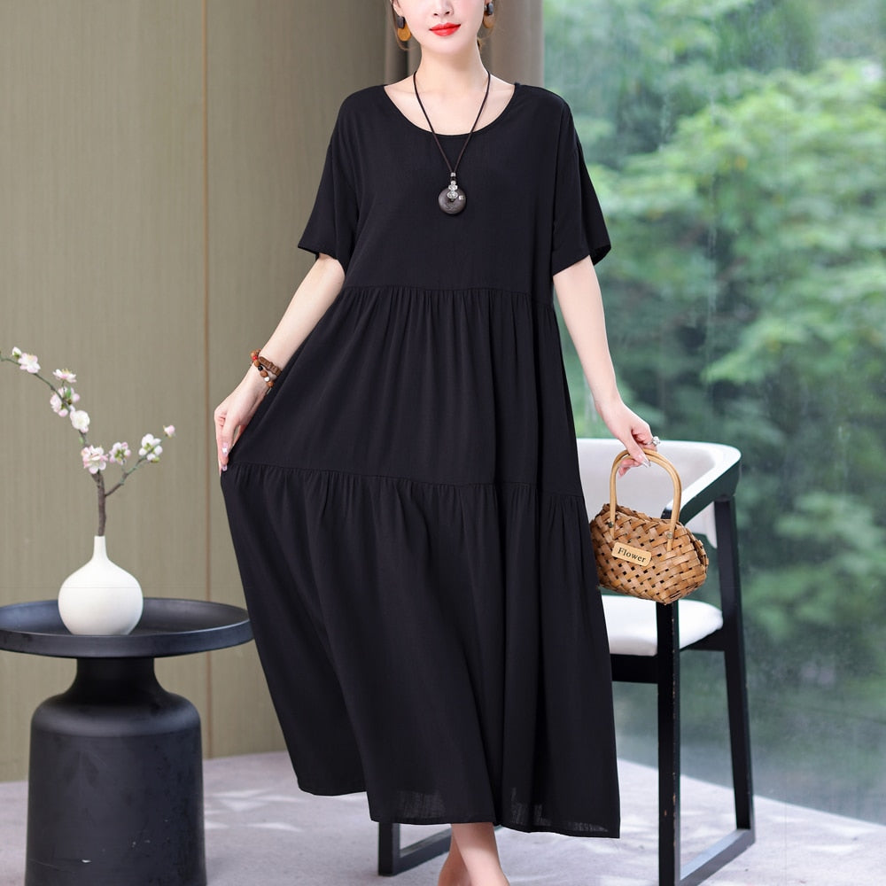 Women Causal Summer Dress Loose Solid Long O-neck Vintage Short Sleeve Dress - WD8065