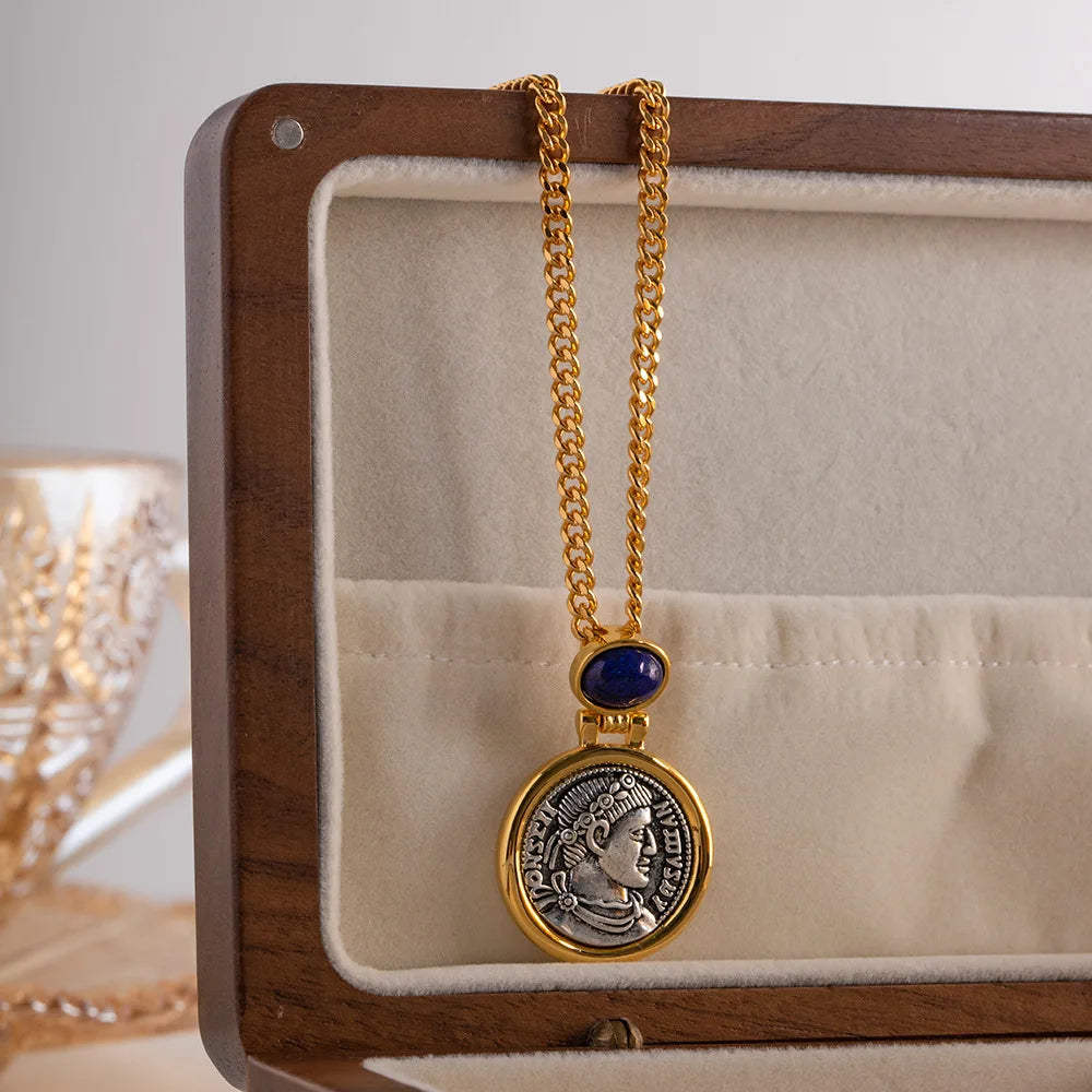 Vintage French Necklace for Women Ancient Coin Inlaid with Lapis lazuli Figure Medieval Palace Pendant Statement Jewelry Gift