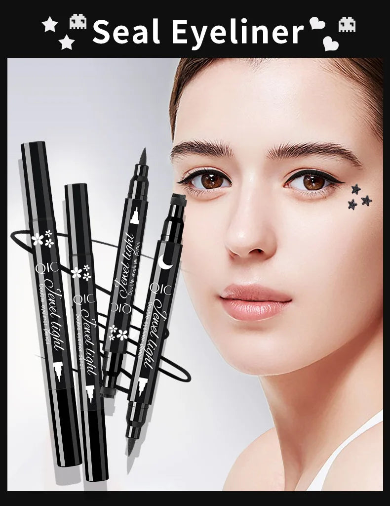 Double Head Moon Star Heart Flower Liquid Eyeliner Pen Black Eye Liner Stamp Makeup Seal Eyeliner Pencil Waterproof Cosmetics Pack of 8