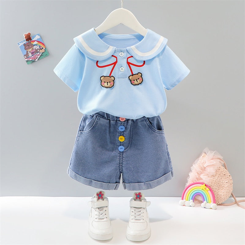 Baby Girls Sets Summer Toddler Kids Clothes Infant Cartoon T Shirt Denim Shorts 2 Piece Suit Casual Outfits - BTGO8397