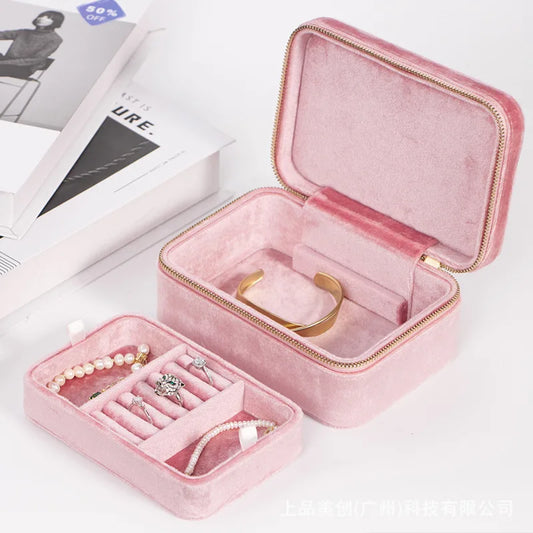 New Double-layer Jewelry Box Women's Travel Portable Ring Necklace Earrings Organizer Flannelette Large-capacity Storage Box