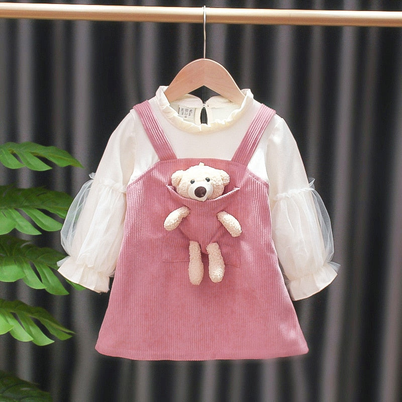 Kid Dress Girl Princess Pocket Bear Gift Birthday Party Long Sleeve Dress - BTGD8494