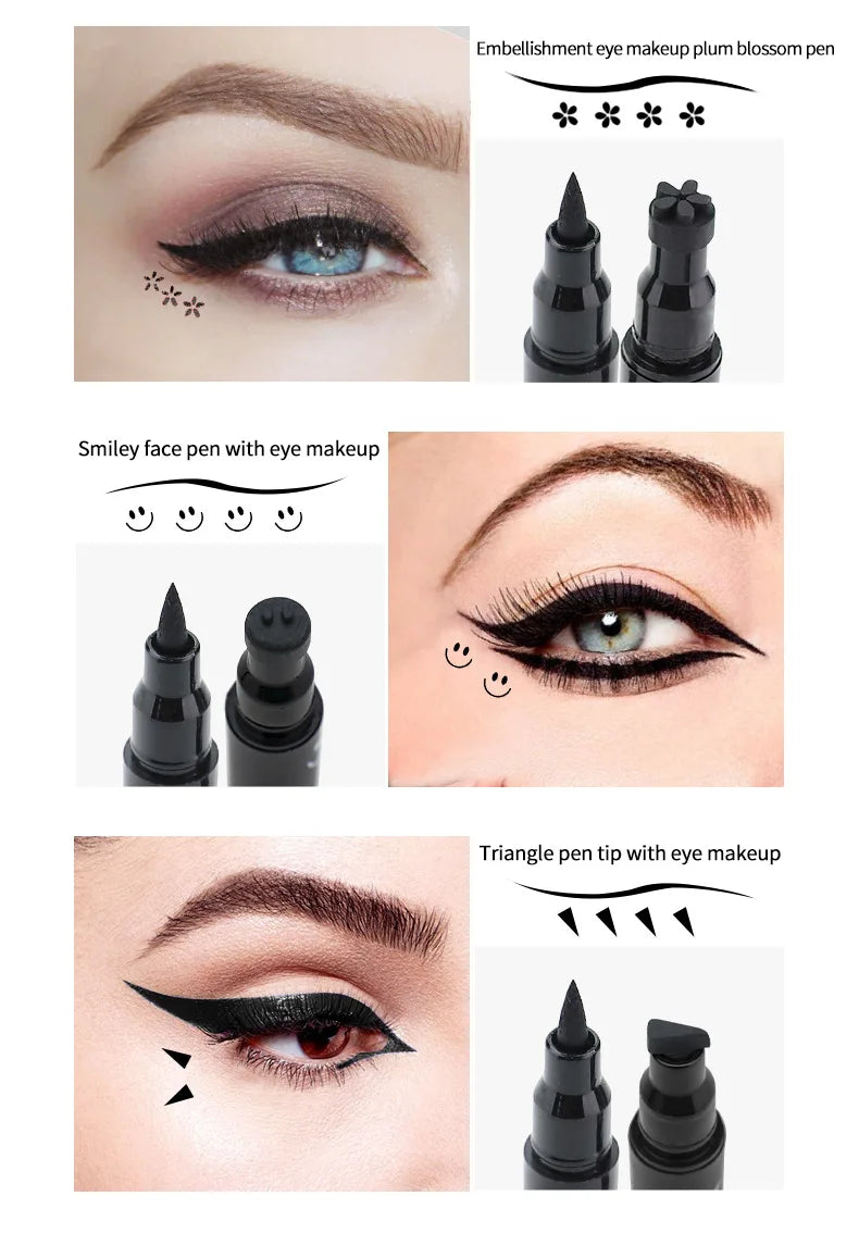 Double Head Moon Star Heart Flower Liquid Eyeliner Pen Black Eye Liner Stamp Makeup Seal Eyeliner Pencil Waterproof Cosmetics Pack of 8