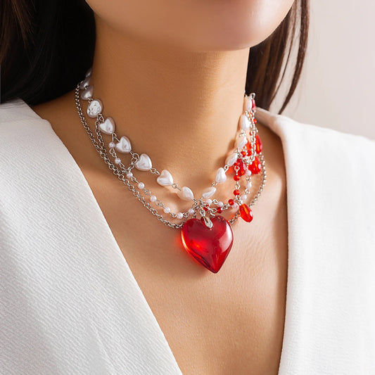 Love Heart Red Pendant Imitation Pearl Necklace for Women Crystal Beads Tassel Neck Chain Choker Trendy Jewelry