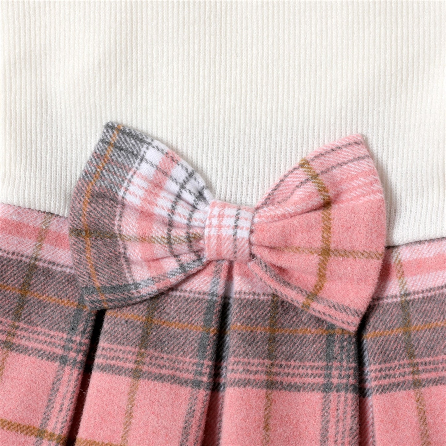 Kid Girl Bowknot Design Ribbed Plaid Splice Long-sleeve Dress - KGD8324