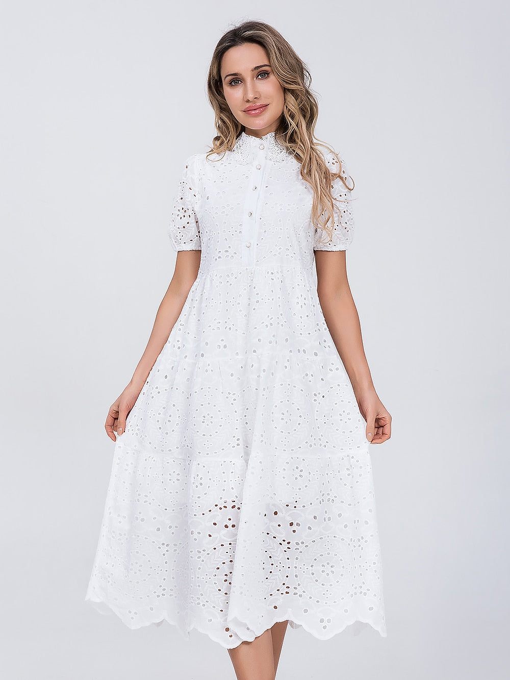 Women Cotton Hollow Out Summer White dress - WD8188