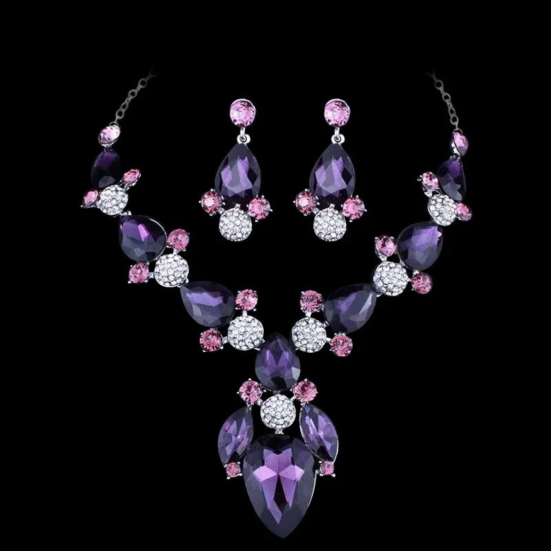 Exquisite Crystal Water Drop Wedding Party Jewelry Set Colorful Rhinestone Bridal Necklace Earrings Sets Accessories