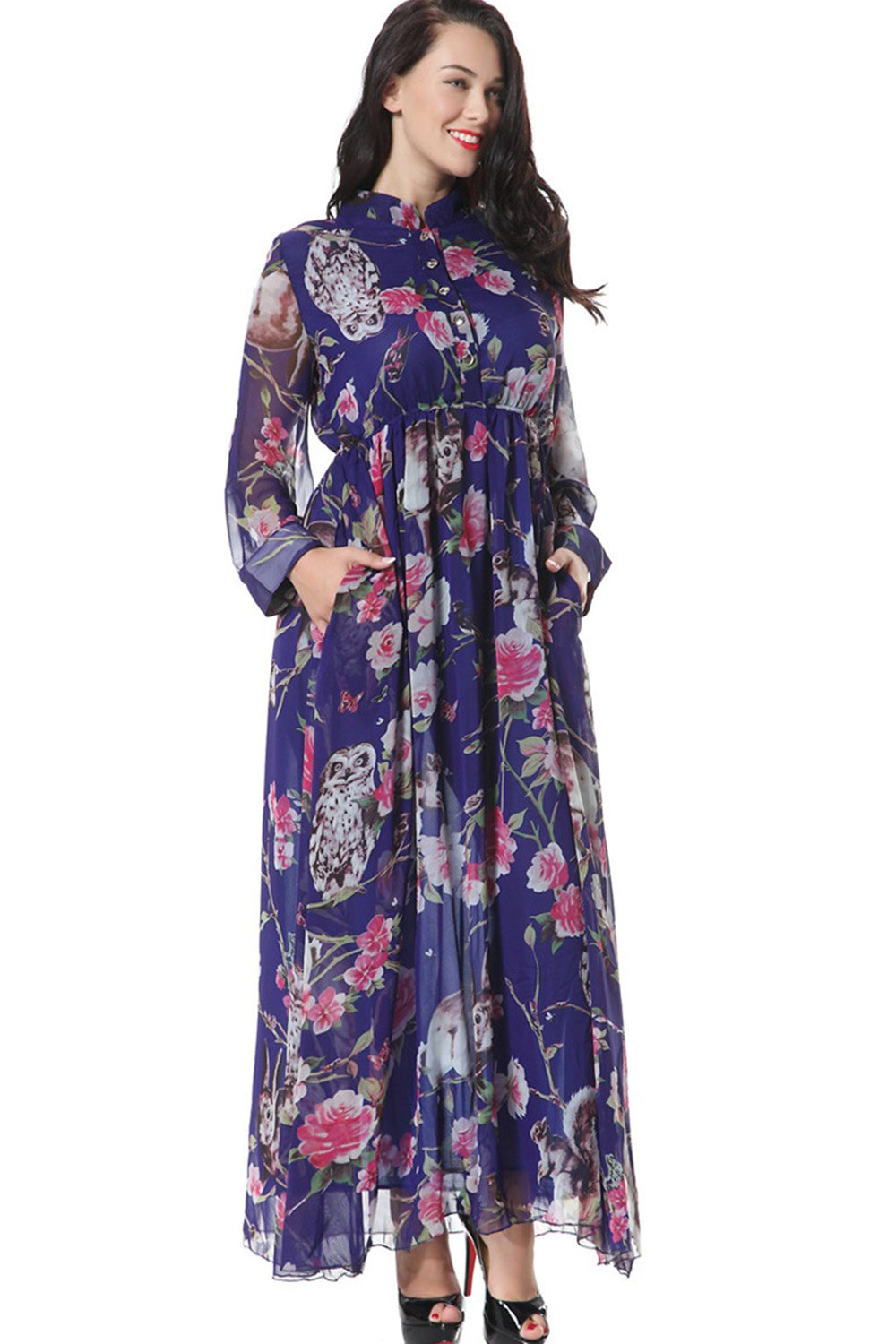 Ketty More Women Plus Size Collar Neck Floral Printed Decorated Maxi Dress-KMWD401