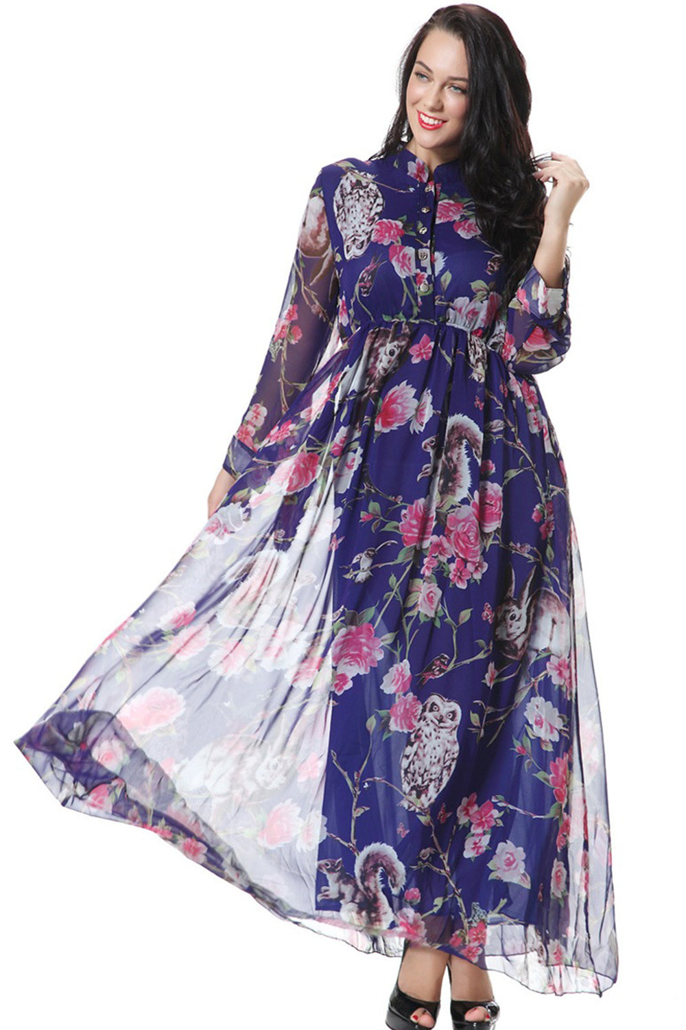 Ketty More Women Plus Size Collar Neck Floral Printed Decorated Maxi Dress-KMWD401