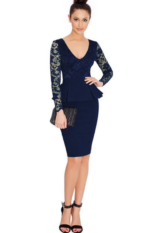 Ketty More Women Lace Stitched Hip Tight Skirt Peplum Dress-KMWD459