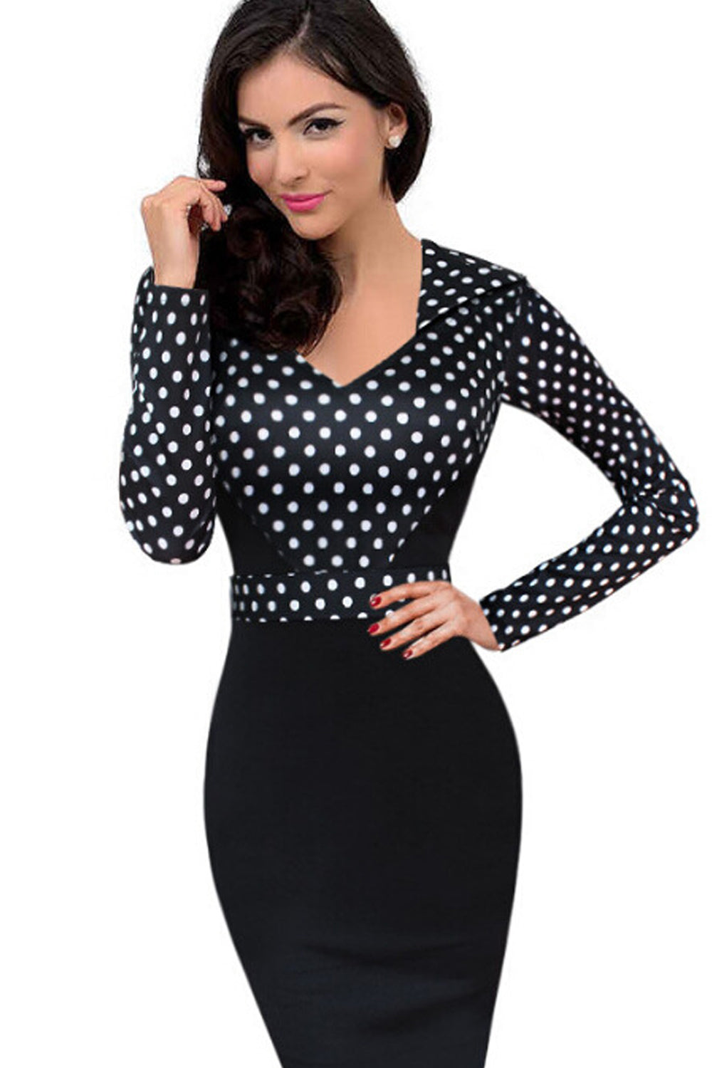 Ketty More Women Polka Dots Slim Skirt Long Sleeves Dress-KMWD267