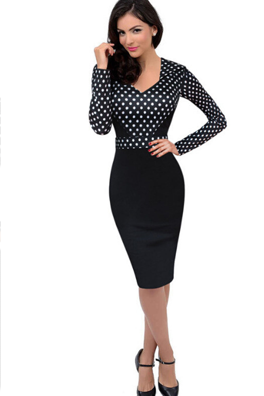 Ketty More Women Polka Dots Slim Skirt Long Sleeves Dress-KMWD267