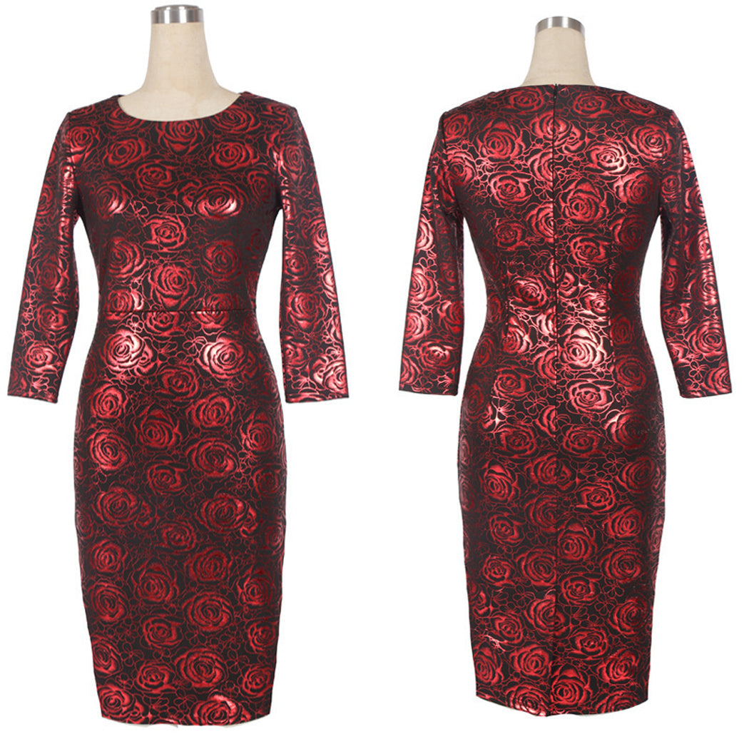 Ketty More Women Round Neck Flower Printed Pencil Dress-KMWD299