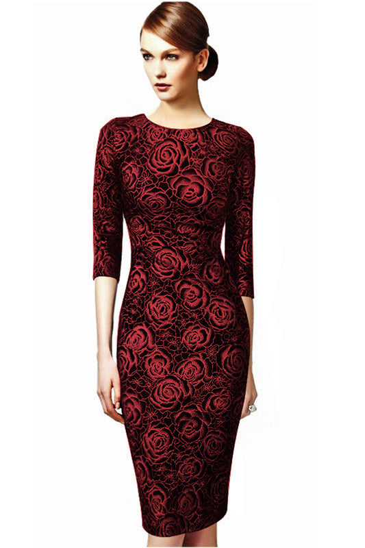 Ketty More Women Round Neck Flower Printed Pencil Dress-KMWD299