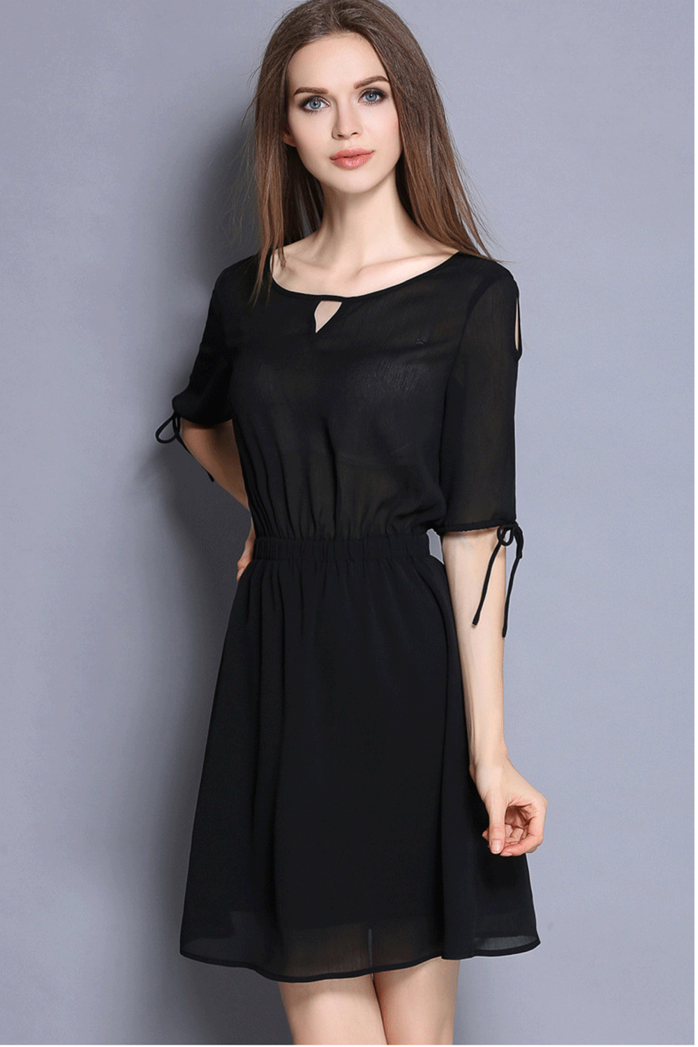Ketty More Women Chic Solid Color Keyhole Neck Tie Sleeve Dress-KMWD438