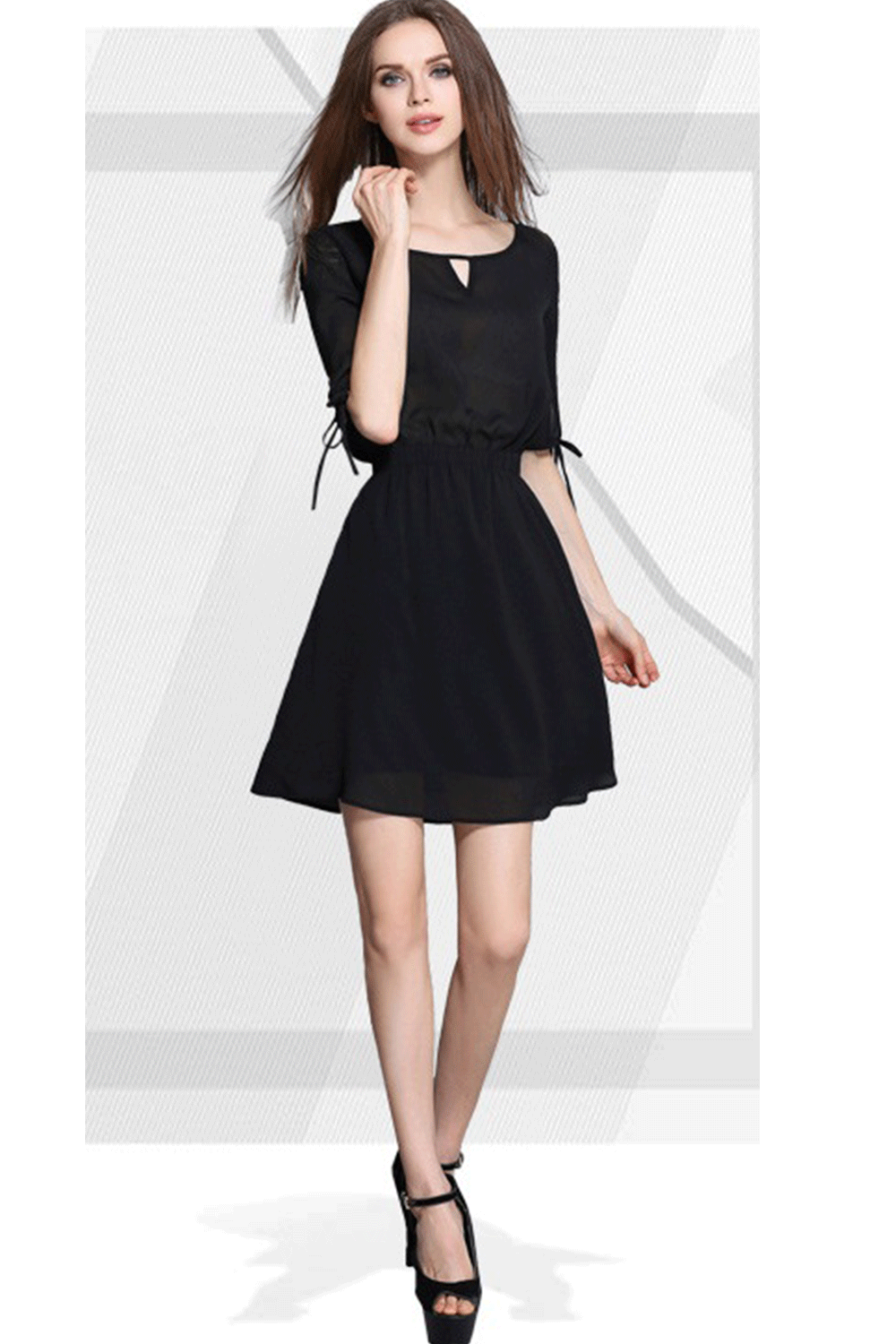 Ketty More Women Chic Solid Color Keyhole Neck Tie Sleeve Dress-KMWD438