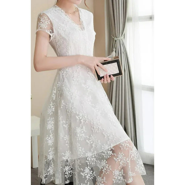 Women Long Length V-Neck Tremendous Short Sleeve Lace Pattern Summer Dress - C2471UD