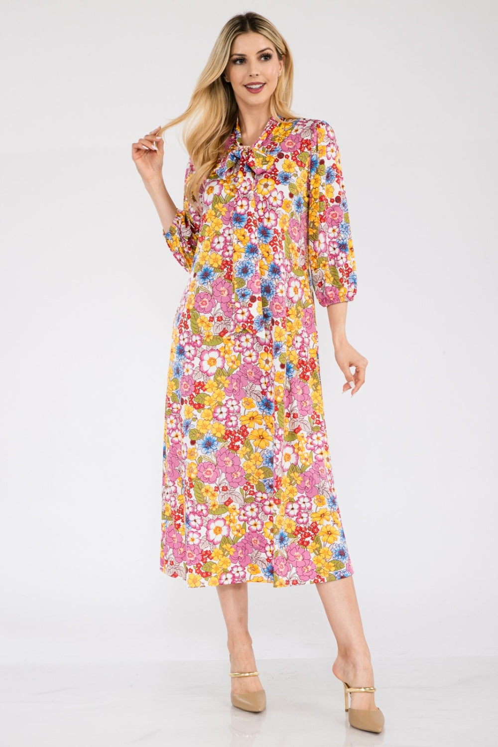 Women's Celeste Full Size Floral Midi Dress with Bow Tied