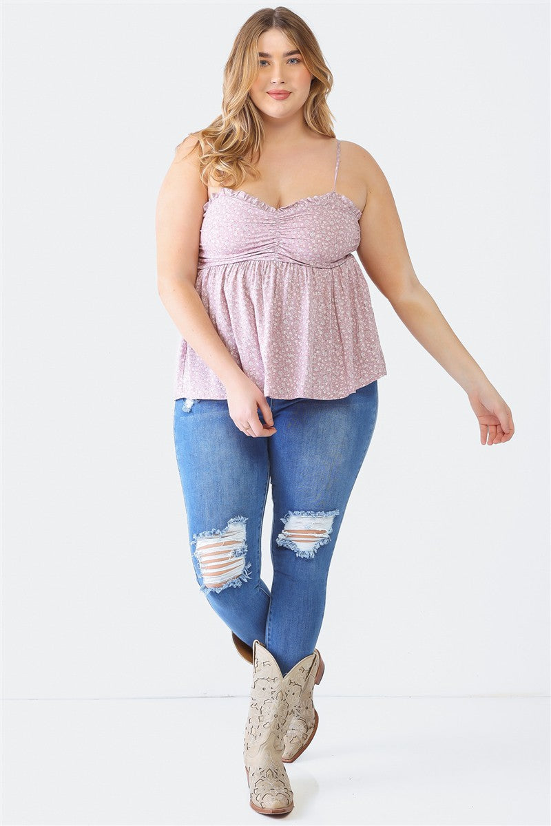 Women Plus Size Frill Smocked Floral Sweetheart Neck Cami