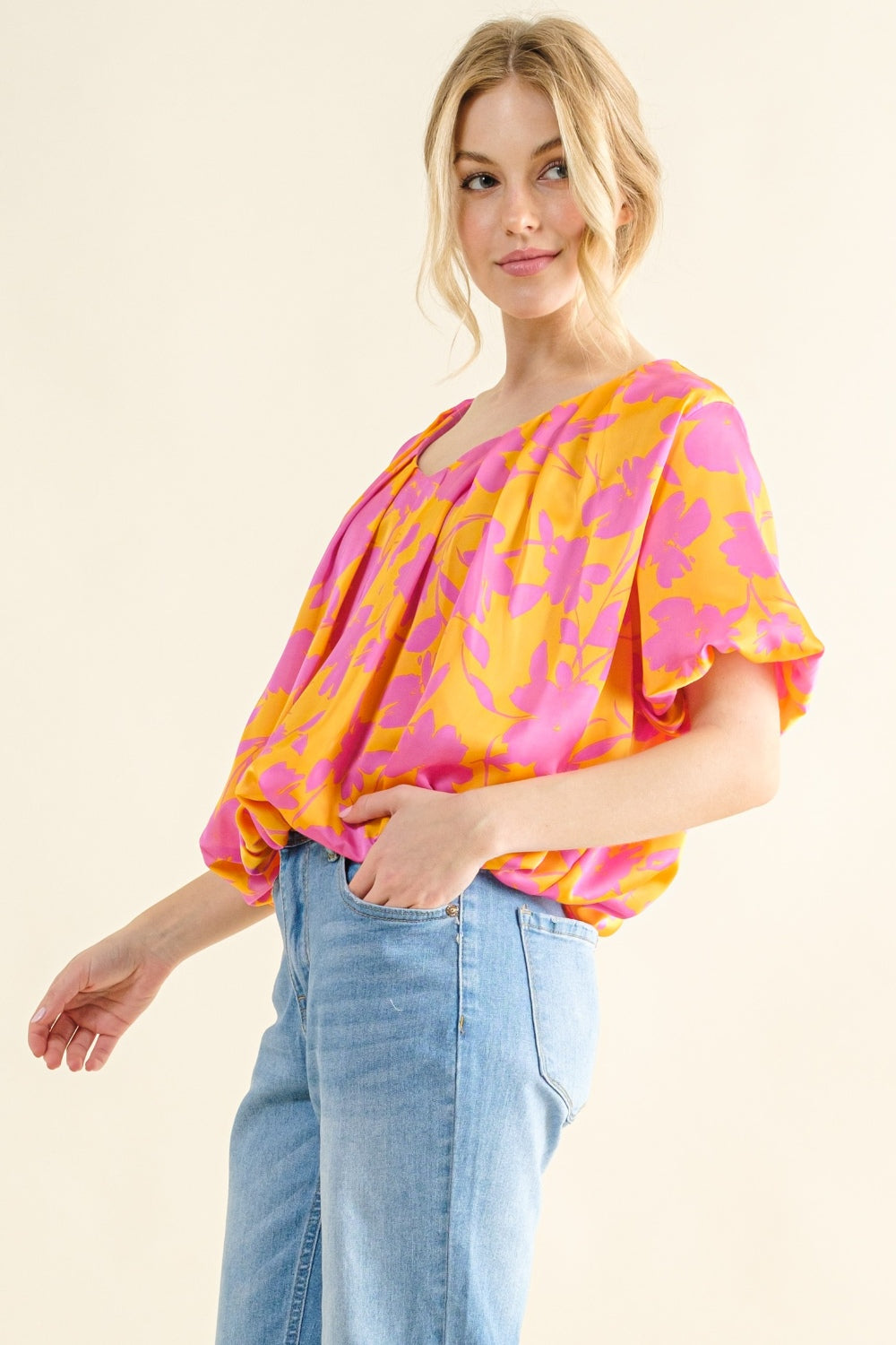 Women's And The Why Full Size Printed Satin Bubble Hem Top