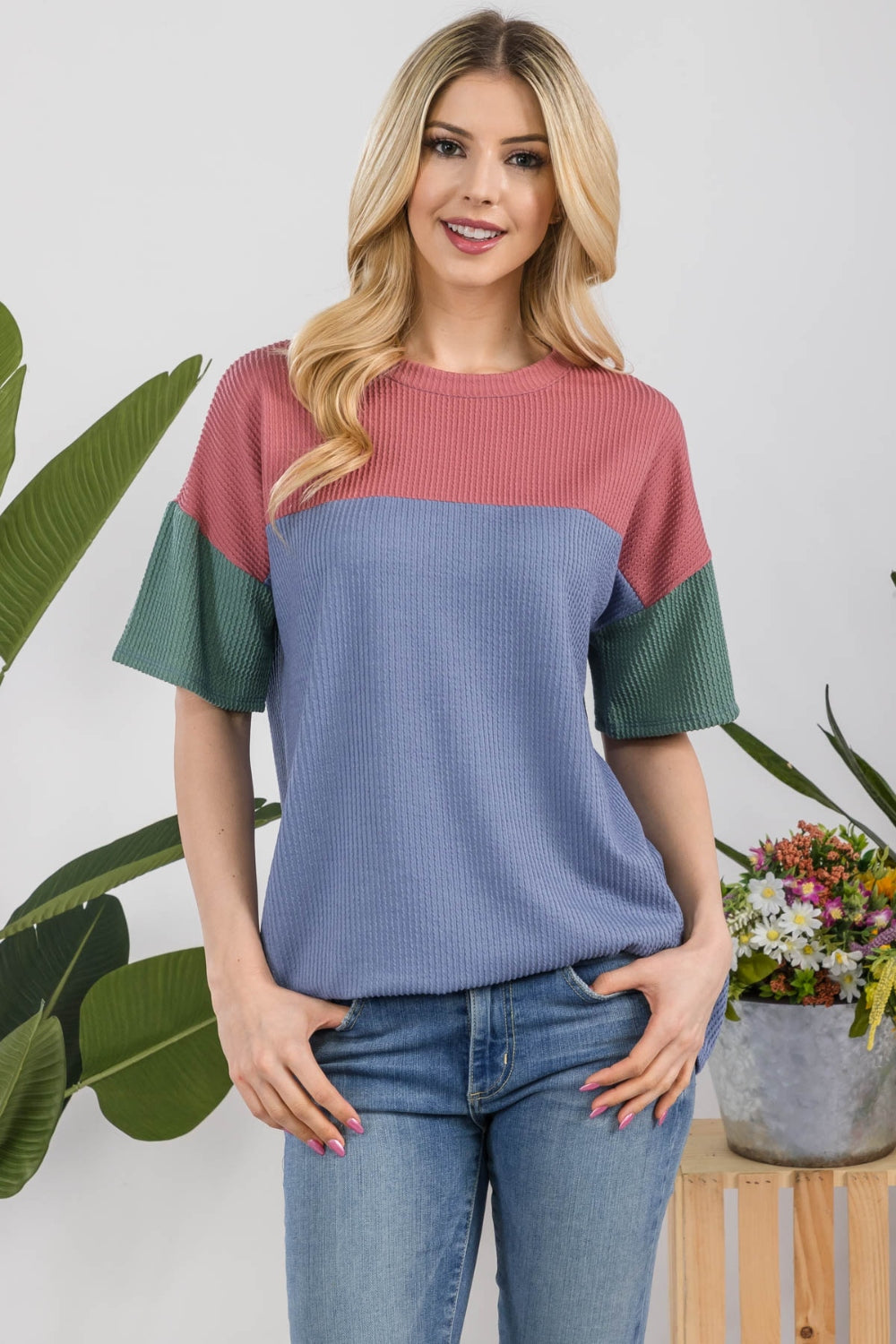 Women's Celeste Full Size Ribbed Color Block T-Shirt