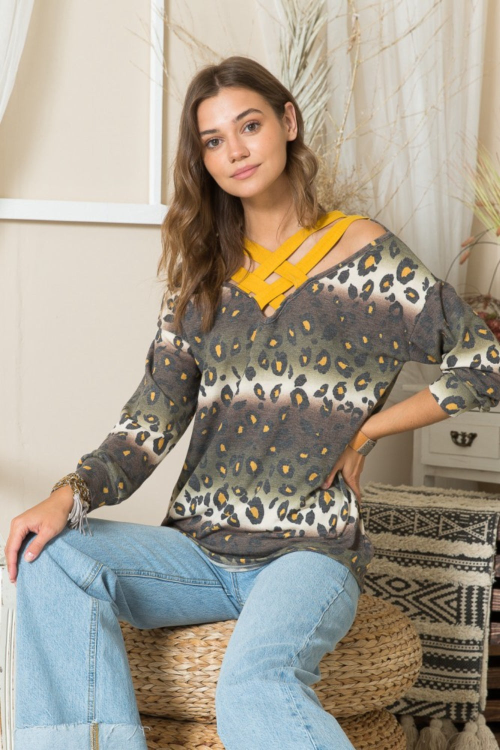 Women's Celeste Full Size Leopard Long Sleeve T-Shirt with Braided Strap