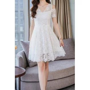 Women Temperament Lace Strapless Short Sleeve V-neck Dress - C073