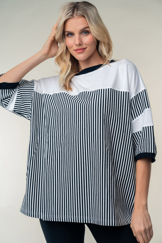 Women's White Birch Full Size Striped Contrast Round Neck Top