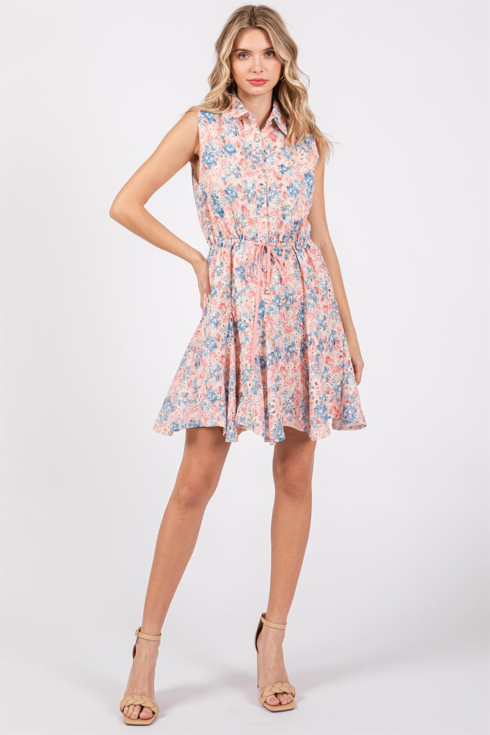 Women's GeeGee Full Size Floral Eyelet Sleeveless Mini Dress