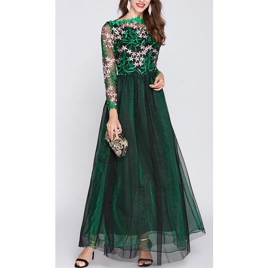 Women Embroidered Mesh Long Sleeve Evening Dress - C10512