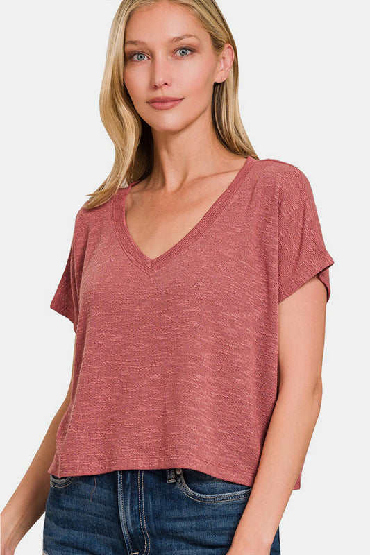 Women's Zenana V-Neck Short Sleeve Crop T-Shirt