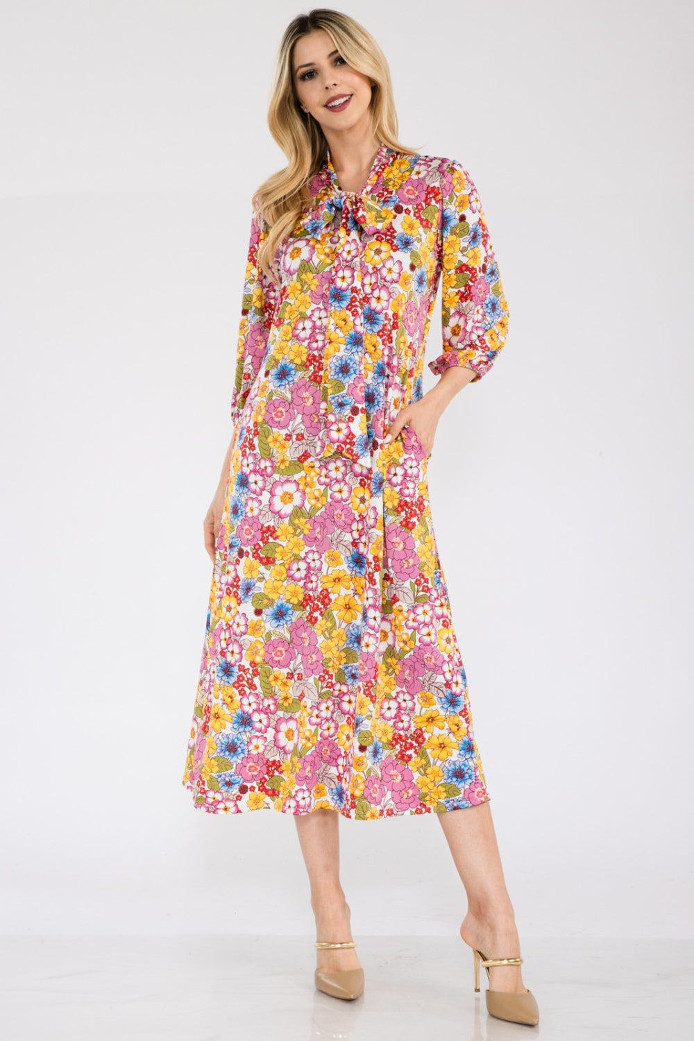 Women's Celeste Full Size Floral Midi Dress with Bow Tied