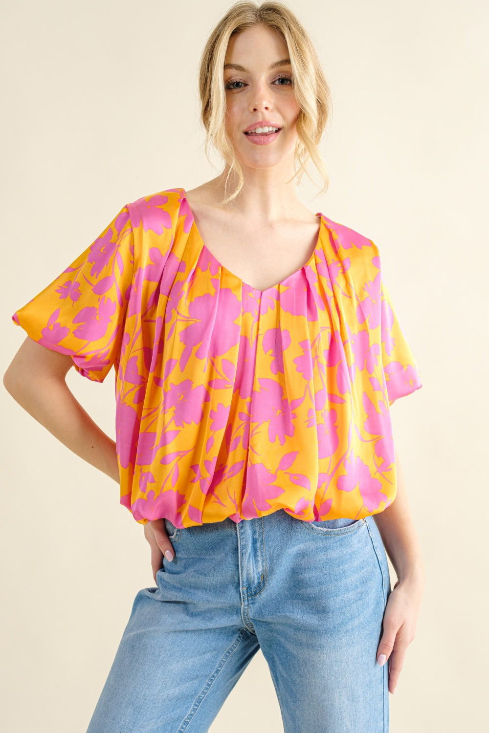 Women's And The Why Full Size Printed Satin Bubble Hem Top