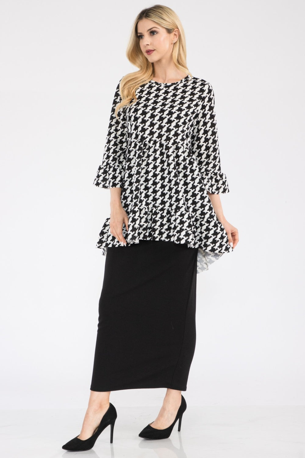 Women's Celeste Full Size Houndstooth Flounce Sleeve High-Low Top