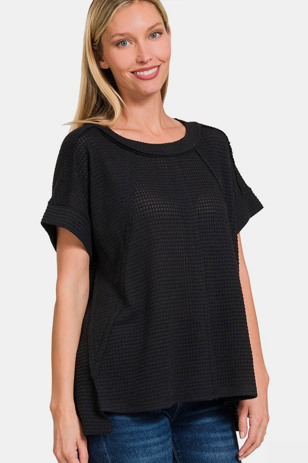 Women's Zenana Waffle Exposed-Seam Short Sleeve T-Shirt