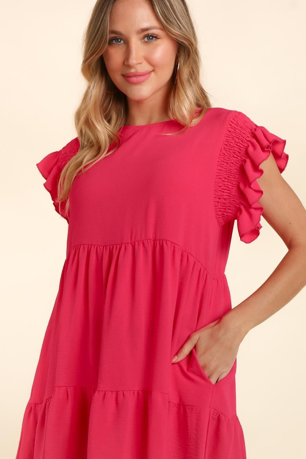 Women's Haptics Full Size Smocking Ruffle Short Sleeve Dress with Pockets